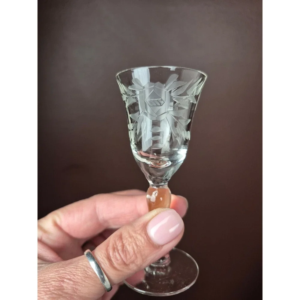 Vintage Mini Etched Cordial Glasses Set Of 8 Floral Stemware‎ Barware MCM